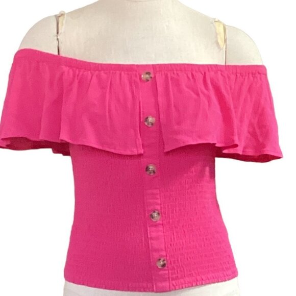 Express Ruffle Neck Smocked Top Button Accents S Pink 70X - Picture 2 of 10